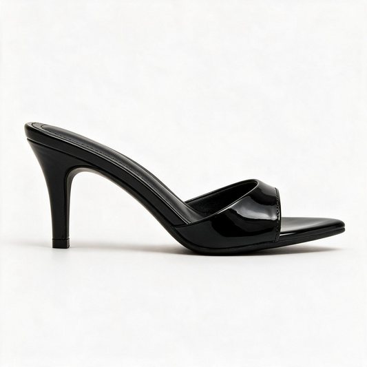 Tamanco Luna 7cm PRLS em verniz preto, salto baixo de 7 cm para trabalho