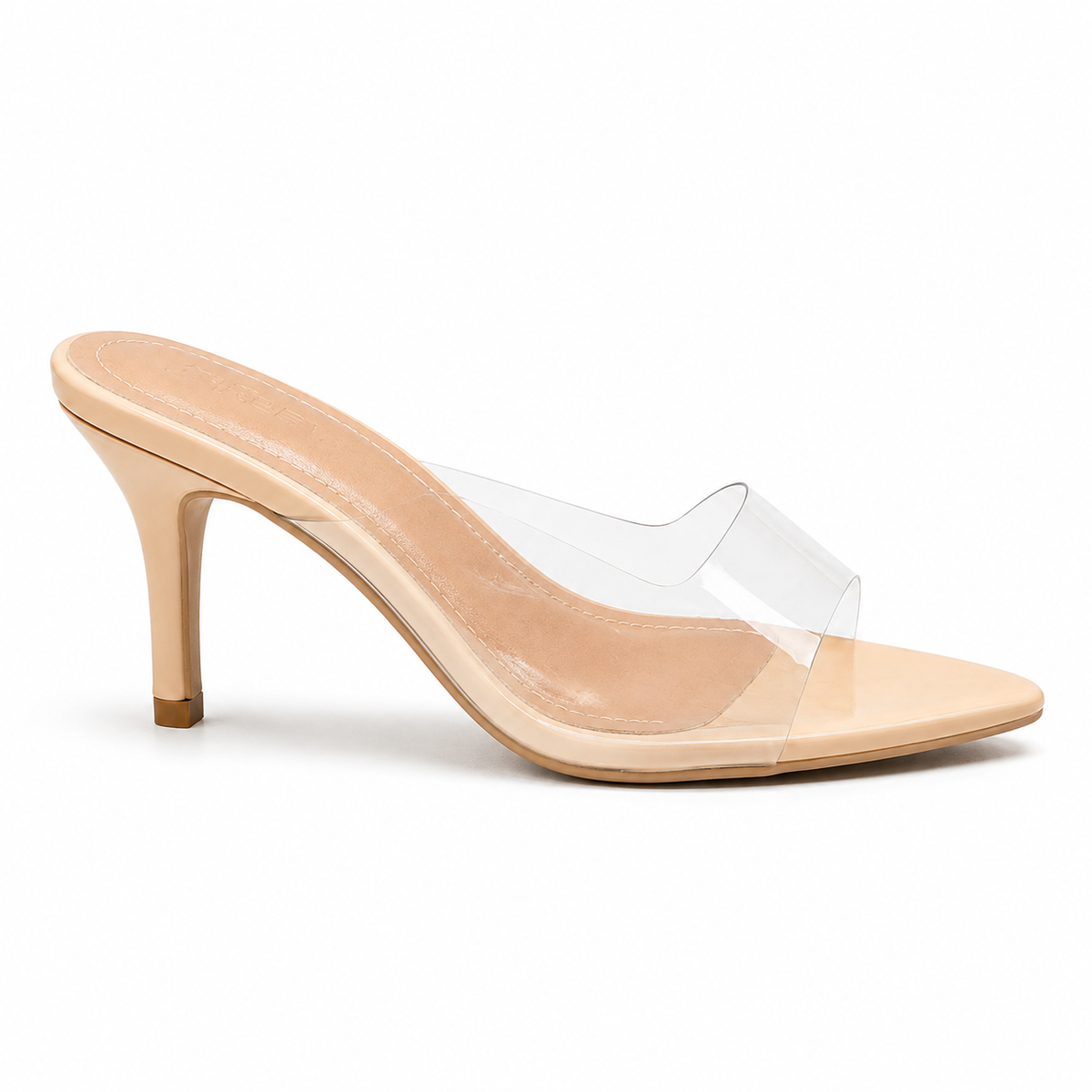 Tamanco Laura de salto fino 7 cm em verniz amêndoa